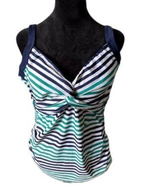 Lands End Navy Green Stripe Tankini Top Underwire Bra Twist Front NWT 14